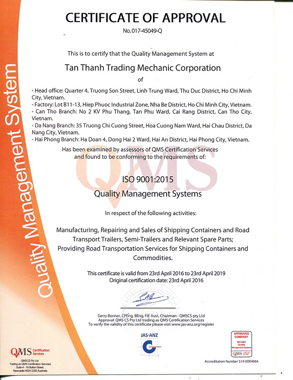 Tân Thanh nhận chứng chỉ ISO 9001: 2015